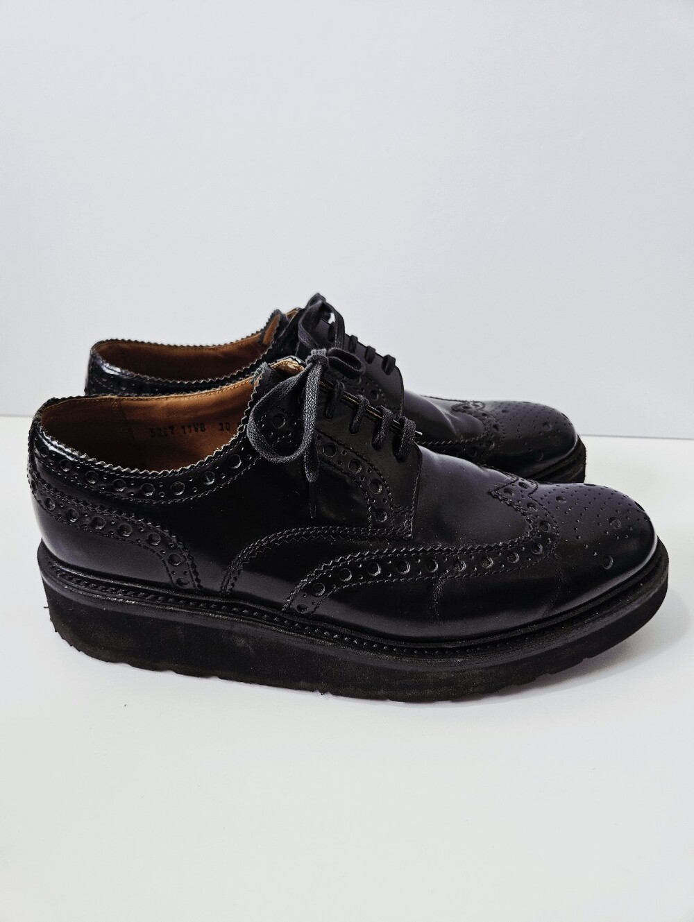 Grenson Archie V Brogue Triple Black Platform Shoes Size 10 Leather
